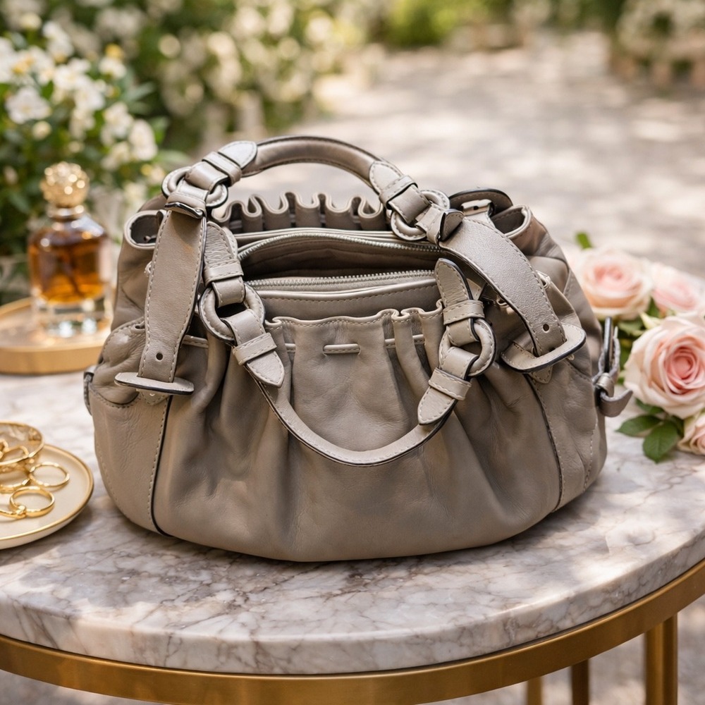 Le‎ Tanneur Grey Leather Pleated Ruffle Handbag Multi Compartment Satchel Bag